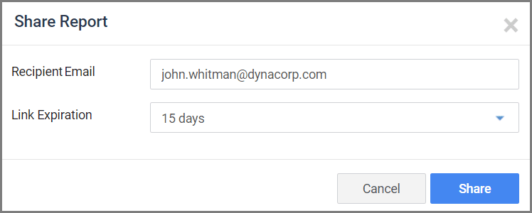 User entering recipient email and link expiration duration to share the report