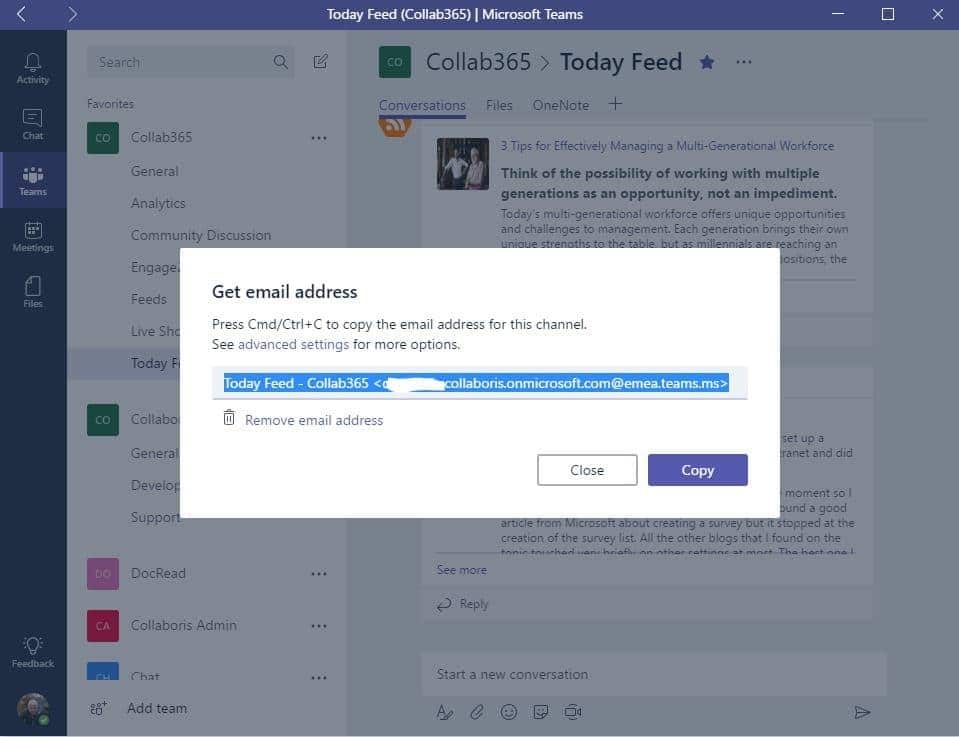 Forward emails to Microsoft Teams channels. Source: jobs.collab365.community