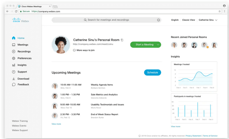 features of the Webex Meetings tab in Microsoft Teams