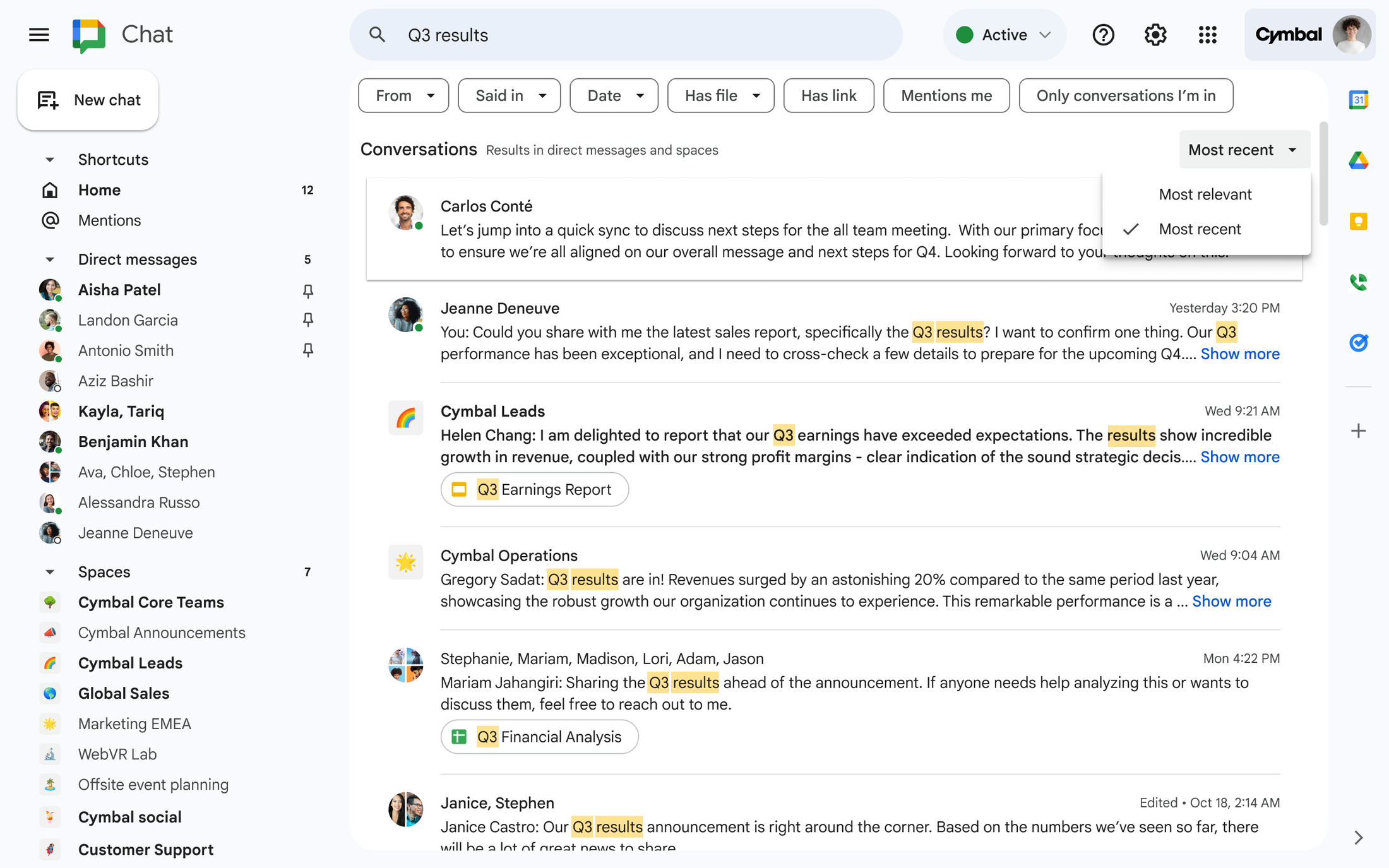 Google Chat interface showing a search for “Q3 results” with filtered message results from direct messages and spaces.