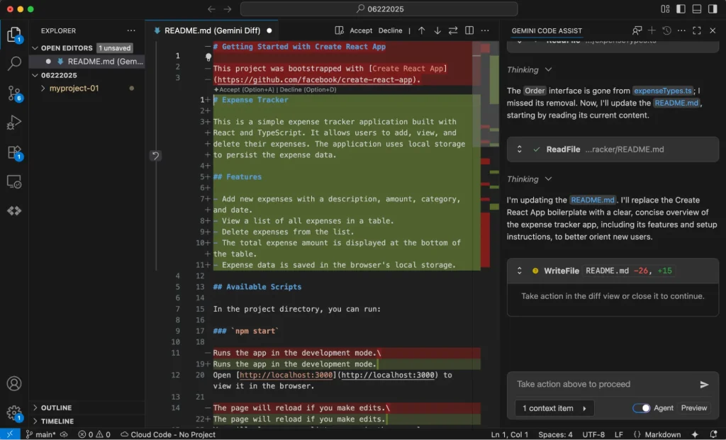 Screenshot of a code editor displaying file changes and Gemini Code Assist panel with AI-generated suggestions