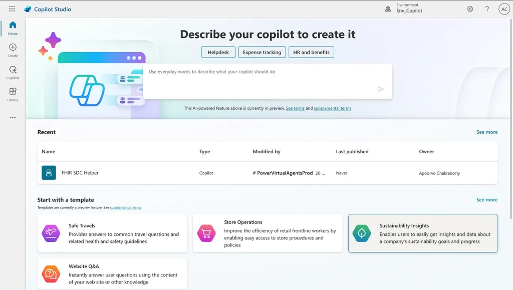 Copilot Studio interface showing AI assistant creation screen with templates and input field